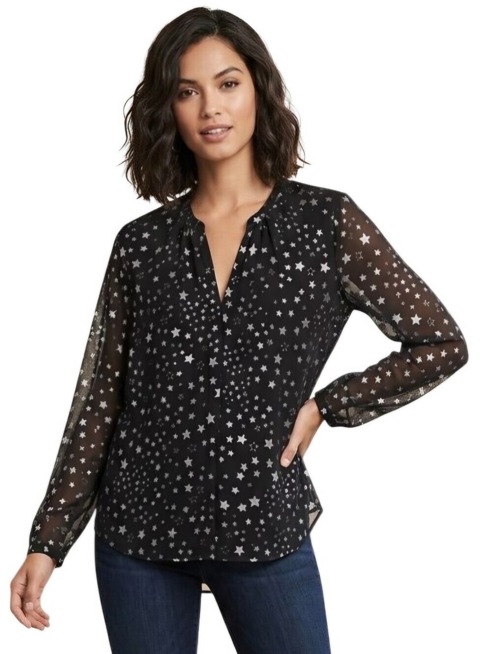 Vince Camuto Sheer Black Silver Star Print V Neck Blouse Size S